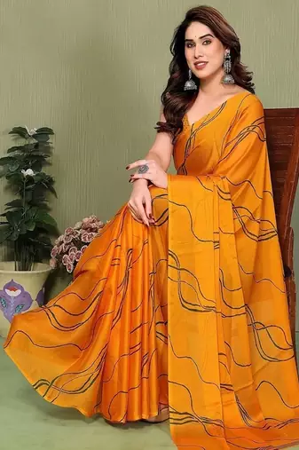 yellow printed striped leheria chiffon, georgette saree with blouse 