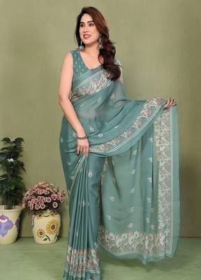 teal printed, blocked printed hand batik chiffon, georgette saree with blouse 1