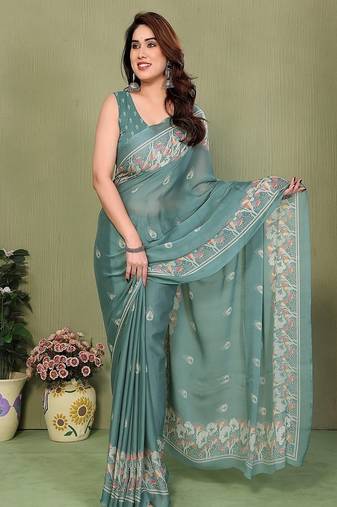 teal printed, blocked printed hand batik chiffon, georgette saree with blouse