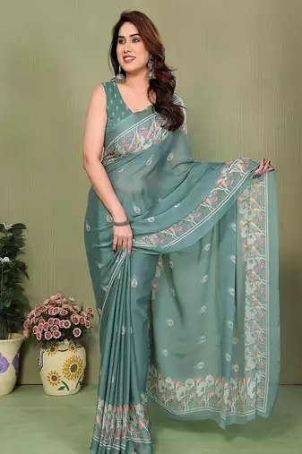 teal printed, blocked printed hand batik chiffon, georgette saree with blouse