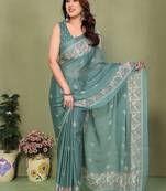 teal printed, blocked printed hand batik chiffon, georgette saree with blouse