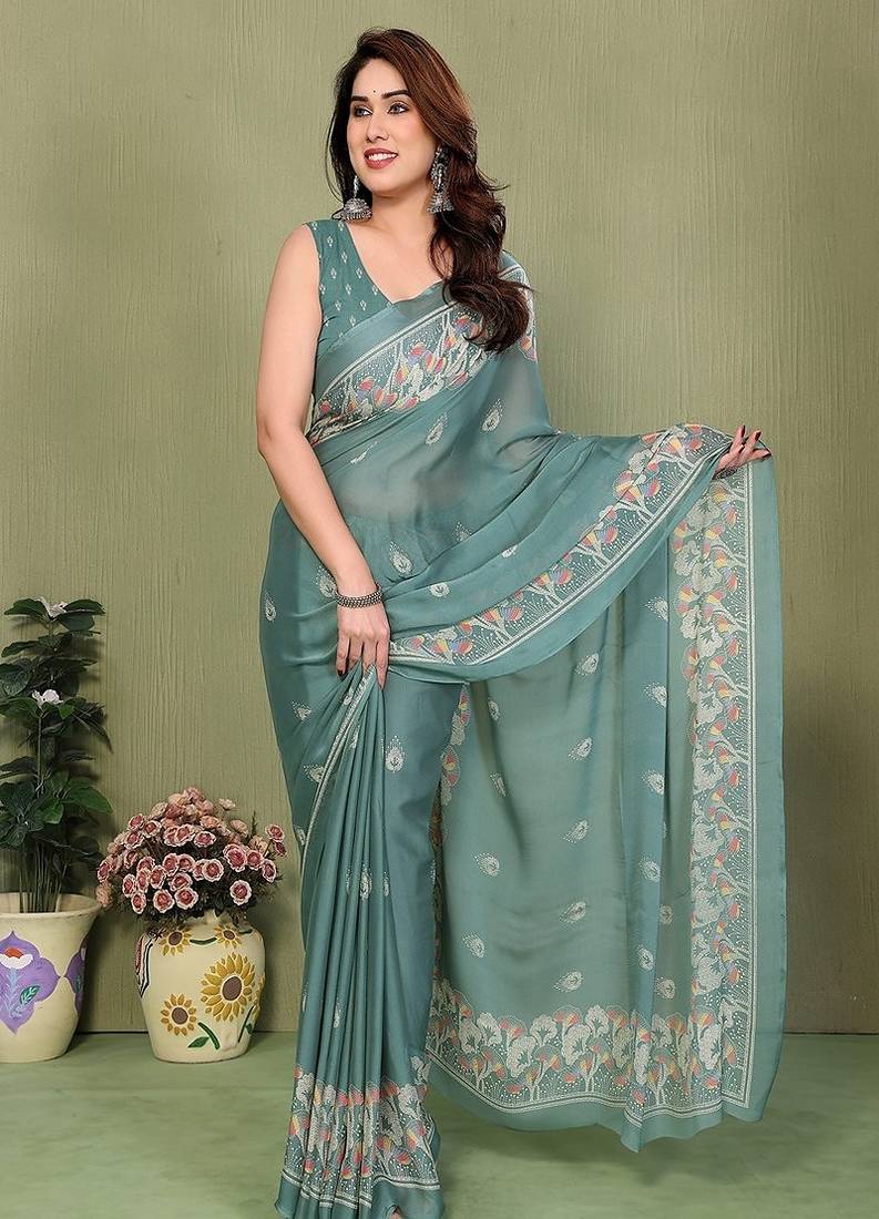 teal printed, blocked printed hand batik chiffon, georgette saree with blouse