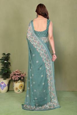 teal printed, blocked printed hand batik chiffon, georgette saree with blouse 2