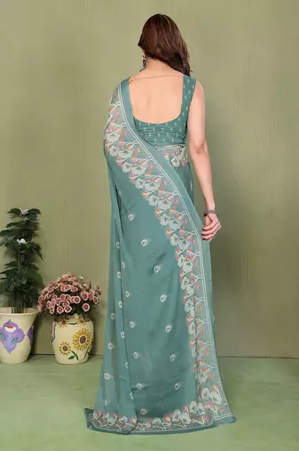 teal printed, blocked printed hand batik chiffon, georgette saree with blouse