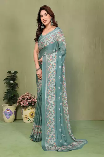 teal printed, blocked printed hand batik chiffon, georgette saree with blouse