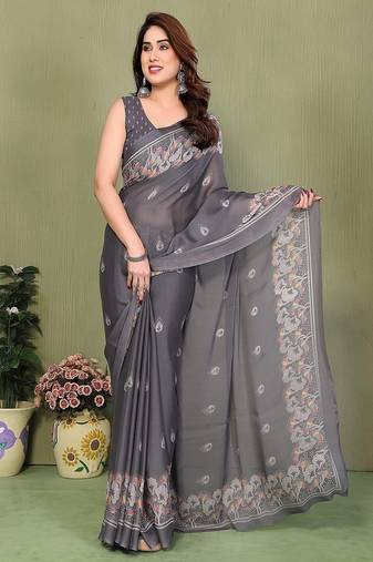grey printed, blocked printed hand batik chiffon, georgette saree with blouse