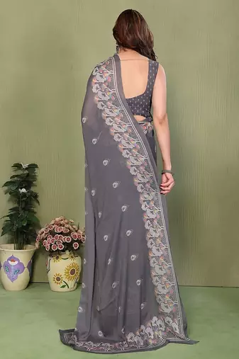 grey printed, blocked printed hand batik chiffon, georgette saree with blouse