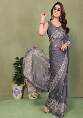 grey printed, blocked printed hand batik chiffon, georgette saree with blouse 3