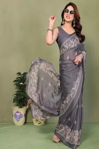 grey printed, blocked printed hand batik chiffon, georgette saree with blouse