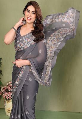 grey printed, blocked printed hand batik chiffon, georgette saree with blouse 4