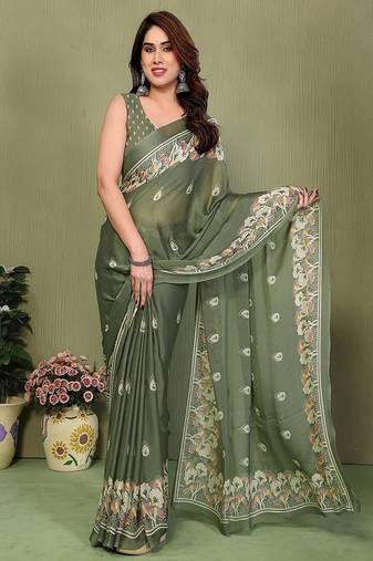 olive printed, blocked printed hand batik chiffon, georgette saree with blouse