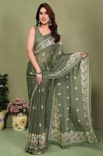 olive printed, blocked printed hand batik chiffon, georgette saree with blouse