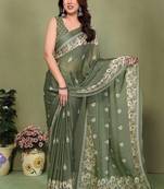olive printed, blocked printed hand batik chiffon, georgette saree with blouse