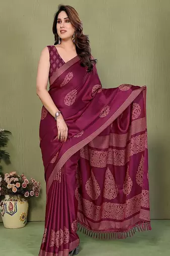 wine printed, blocked daily wear chiffon georgette saree with blouse