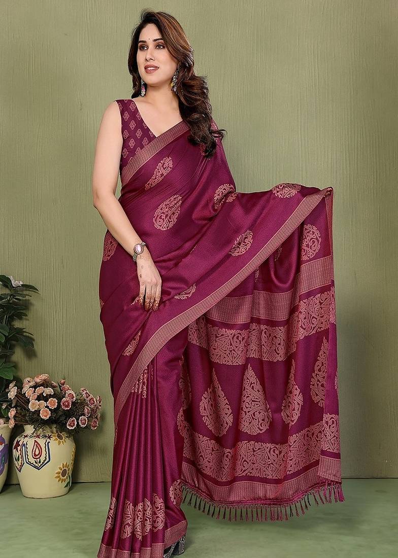 wine printed, blocked daily wear chiffon georgette saree with blouse