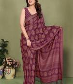 wine printed, blocked daily wear chiffon georgette saree with blouse