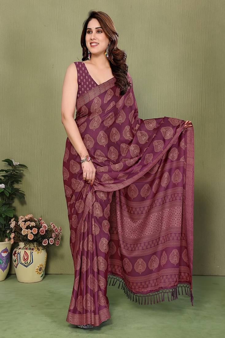 wine printed, blocked daily wear chiffon georgette saree with blouse