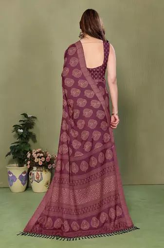 wine printed, blocked daily wear chiffon georgette saree with blouse