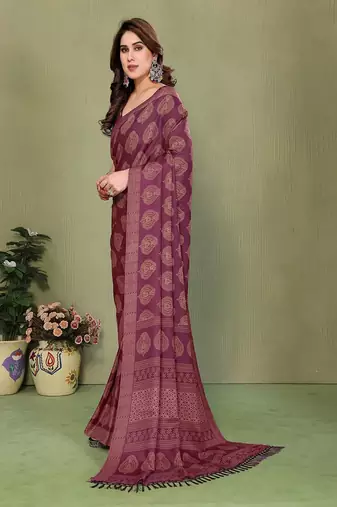 wine printed, blocked daily wear chiffon georgette saree with blouse