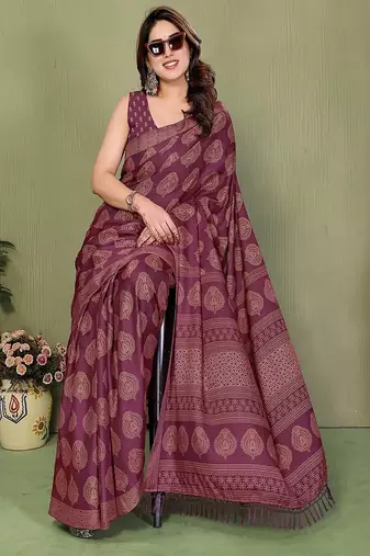 wine printed, blocked daily wear chiffon georgette saree with blouse