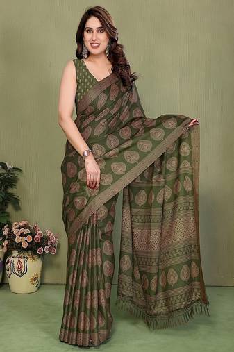 olive printed, blocked daily wear chiffon georgette saree with blouse