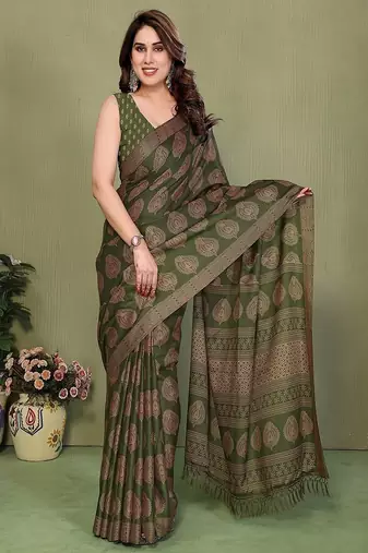 olive printed, blocked daily wear chiffon georgette saree with blouse