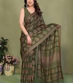 olive printed, blocked daily wear chiffon georgette saree with blouse
