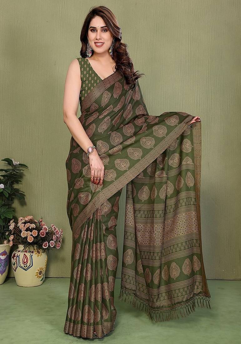 olive printed, blocked daily wear chiffon georgette saree with blouse