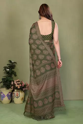 olive printed, blocked daily wear chiffon georgette saree with blouse