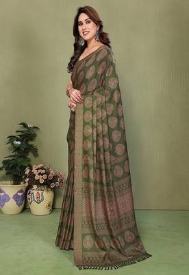 olive printed, blocked daily wear chiffon georgette saree with blouse 3
