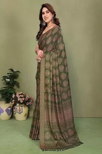 olive printed, blocked daily wear chiffon georgette saree with blouse