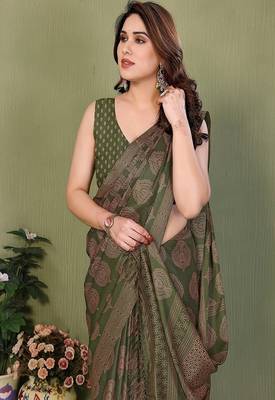 olive printed, blocked daily wear chiffon georgette saree with blouse 4