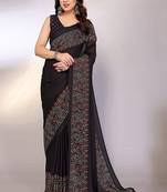 black printed bandhani chiffon self design saree with blouse 