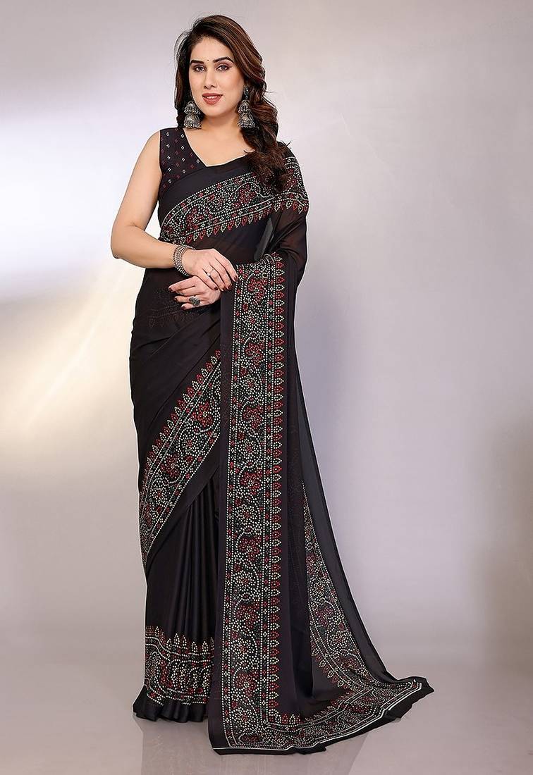 black printed bandhani chiffon self design saree with blouse 
