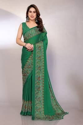 green printed bandhani chiffon self design saree  with blouse  1