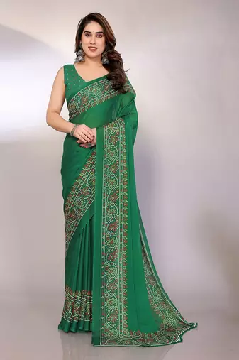 green printed bandhani chiffon self design saree with blouse 