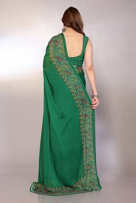 green printed bandhani chiffon self design saree  with blouse  2