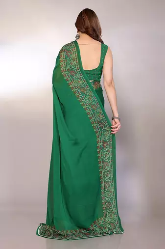 green printed bandhani chiffon self design saree  with blouse 