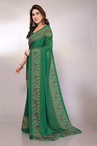 green printed bandhani chiffon self design saree  with blouse 