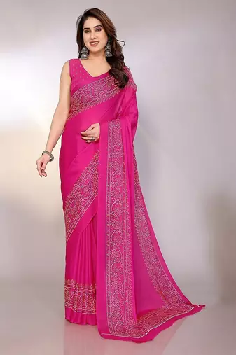 pink printed bandhani chiffon self design saree with blouse 