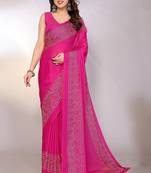 pink printed bandhani chiffon self design saree with blouse 