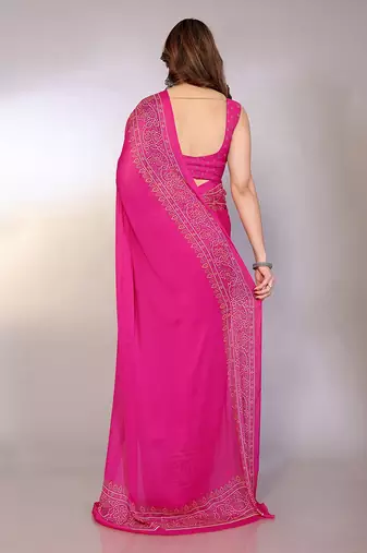 pink printed bandhani chiffon self design saree  with blouse 