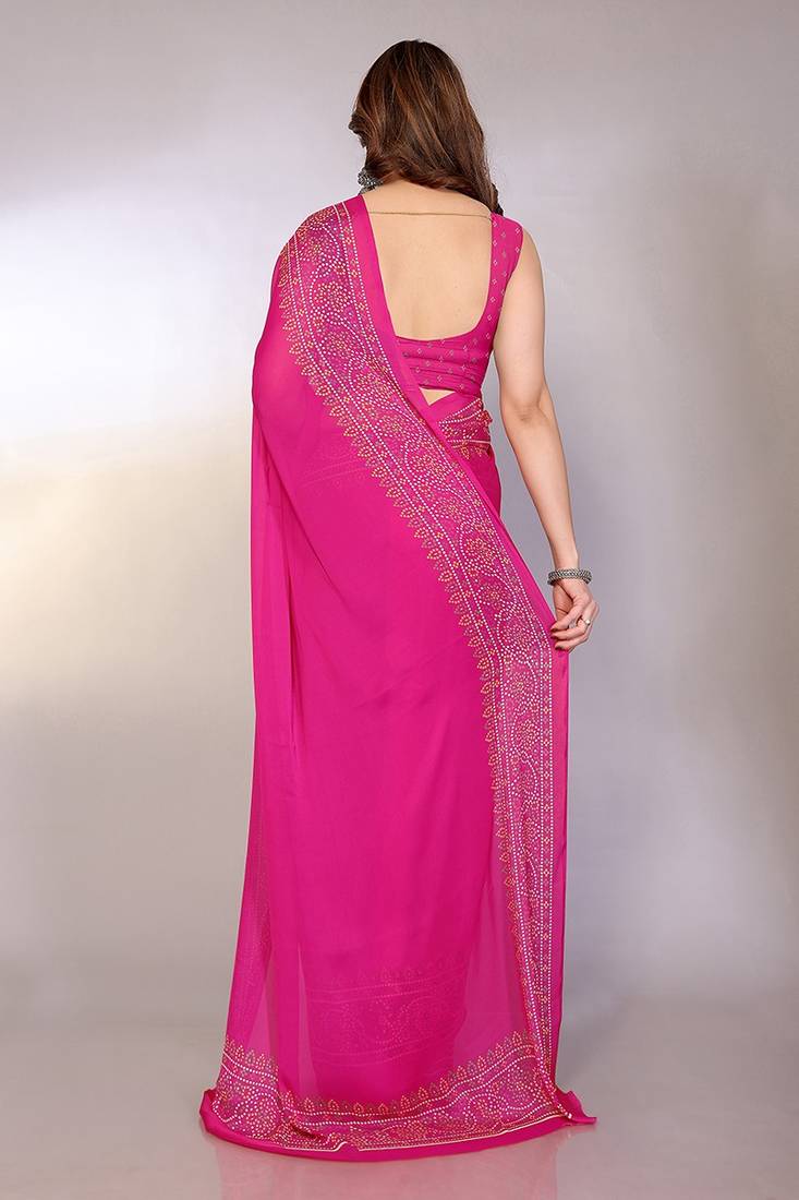 pink printed bandhani chiffon self design saree with blouse 
