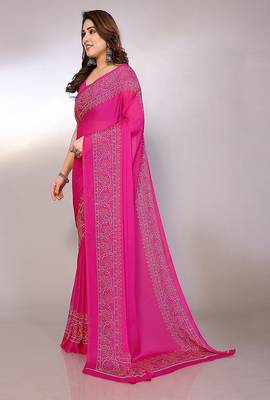 pink printed bandhani chiffon self design saree  with blouse  3