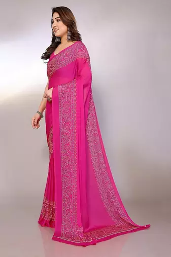 pink printed bandhani chiffon self design saree  with blouse 