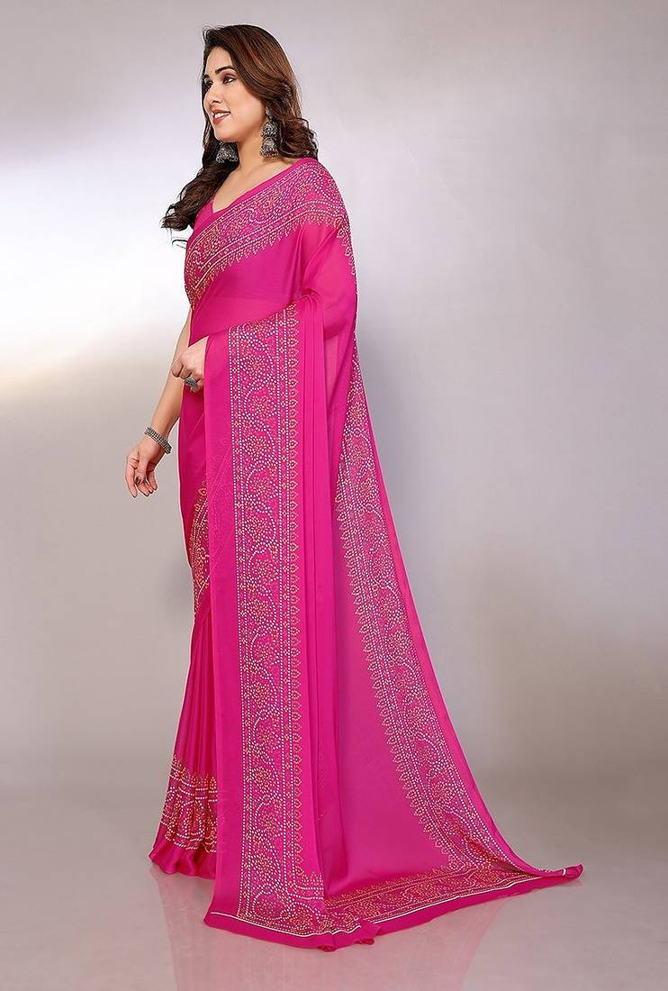pink printed bandhani chiffon self design saree with blouse 