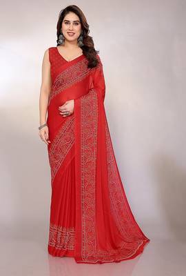 red printed bandhani chiffon self design saree  with blouse  1