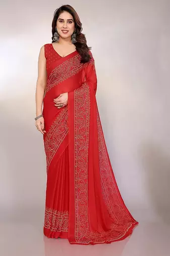 red printed bandhani chiffon self design saree with blouse 
