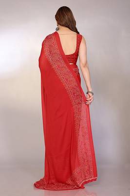 red printed bandhani chiffon self design saree  with blouse  2