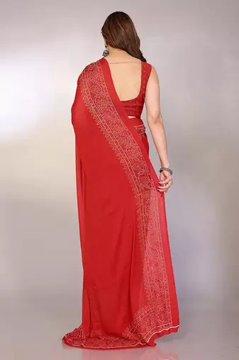 red printed bandhani chiffon self design saree  with blouse 